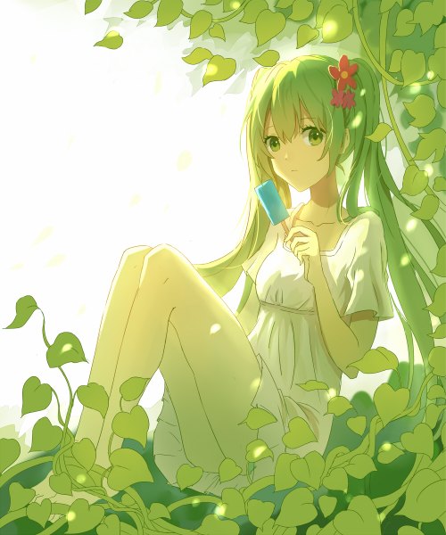 Anime picture 1000x1200 with vocaloid hatsune miku lan jue single long hair tall image looking at viewer fringe sitting twintails holding green eyes bent knee (knees) barefoot hair flower green hair sunlight bare legs no shoes girl