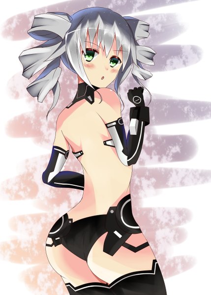 イラスト 3719x5196 と 超次元ゲイムネプテューヌ hyperdimension neptunia mk2 ブラックシスター 水ようかん ソロ 長身像 赤面 highres 短い髪 light erotic ツインテール 肩出し absurdres 銀髪 尻 looking back 縦ロール bare back 女の子