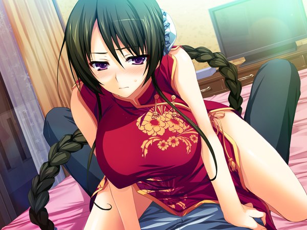 Anime picture 1600x1200 with akatsuki no goei shion (akatsuki no goei) tomose shunsaku long hair blush light erotic black hair sitting purple eyes game cg lying braid (braids) chinese clothes girl boy chinese dress