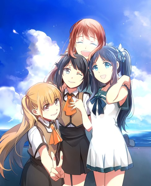 Anime picture 900x1107 with nagi no asukara p.a. works hiradaira chisaki mukaido manaka shiodome miuna hisanuma sayu aki (neyuki41028) long hair tall image fringe short hair open mouth blue eyes black hair blonde hair smile brown hair purple eyes twintails multiple girls