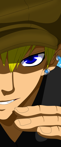 Anime picture 1000x2377 with tagme (character) flowerinhell single tall image looking at viewer short hair open mouth blue eyes blonde hair sky grin piercing boy headdress flat cap