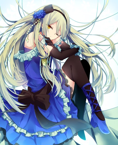 Anime picture 1100x1355 with original hiiragi souren single long hair tall image looking at viewer simple background blonde hair white background twintails bare shoulders yellow eyes one eye closed wink girl thighhighs dress gloves hair ornament flower (flowers)
