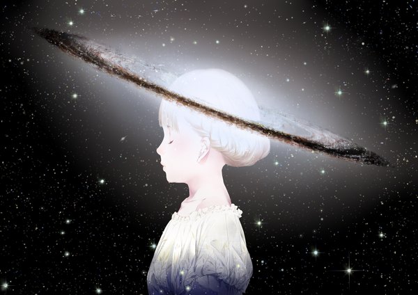 Аниме картинка 1700x1200 с оригинальное изображение sousou (sousouworks) один (одна) короткие волосы белые волосы закрытые глаза профиль космос персонификация девушка звезда (звёзды) галактика