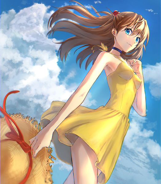 Anime picture 3062x3508 with neon genesis evangelion gainax soryu asuka langley acchom zatta single long hair tall image fringe highres blue eyes hair between eyes brown hair absurdres sky cloud (clouds) outdoors wind from below sleeveless hat removed