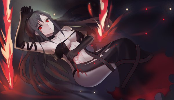 Anime picture 1280x735 with fate (series) fate/grand order yu mei-ren (fate) kurosawamry single long hair looking at viewer fringe breasts open mouth light erotic black hair hair between eyes red eyes wide image payot lying armpit (armpits) on back piercing