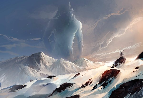 Anime picture 2226x1535 with original sakimichan highres sky snow mountain landscape silhouette demon