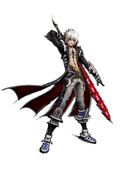 Anime picture 2894x4093 with .hack// .hack//g.u. namco (studio) haseo single tall image looking at viewer highres short hair simple background red eyes white background silver hair full body open jacket official art tattoo alternate costume spiked hair shirtless