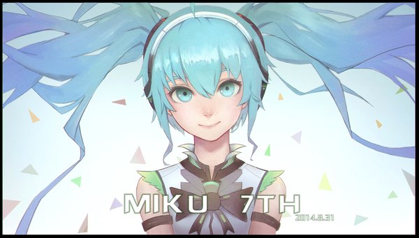 Anime picture 1757x1000 with vocaloid hatsune miku san m single looking at viewer highres smile wide image twintails ahoge head tilt aqua eyes aqua hair character names face framed 2014 girl hair ornament bow