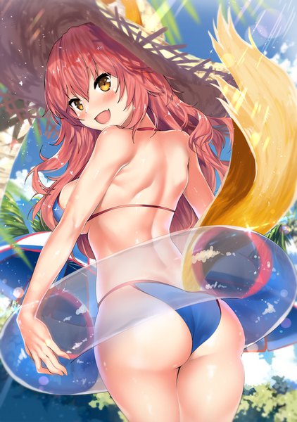 Anime picture 1020x1450 with fate (series) fate/grand order tamamo (fate) (all) tamamo no mae (swimsuit lancer) (fate) kawai (purplrpouni) single long hair tall image blush fringe breasts open mouth light erotic hair between eyes large breasts standing holding animal ears yellow eyes looking away