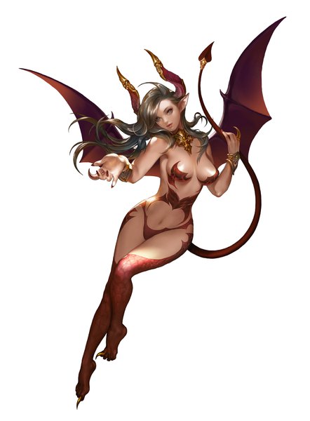 Anime picture 1706x2312 with wonder 5 masters eunyoung jeon single long hair tall image looking at viewer highres light erotic simple background brown hair white background full body tail horn (horns) fingernails pointy ears official art grey eyes floating hair demon girl