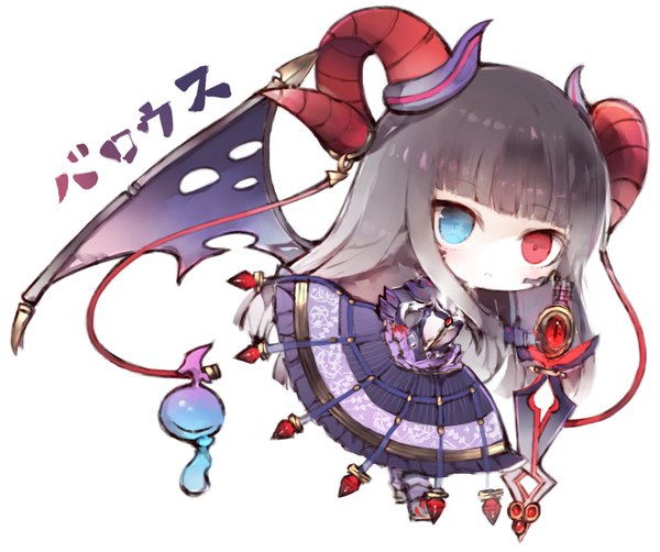 Anime picture 901x754 with sennen sensou aigis balous (sennen sensou aigis) kotatu (akaki01aoki00) single long hair fringe black hair simple background white background holding full body blunt bangs :d horn (horns) inscription heterochromia chibi bat wings hole girl