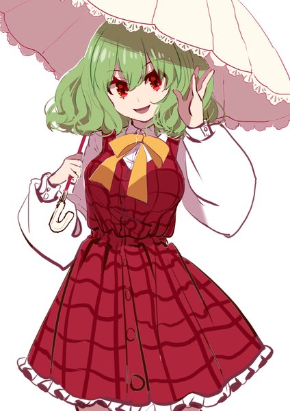 Anime picture 3507x4960 with touhou kazami yuuka shocho (shaojiujiu) single tall image looking at viewer fringe highres short hair open mouth simple background hair between eyes red eyes white background absurdres :d green hair girl dress umbrella