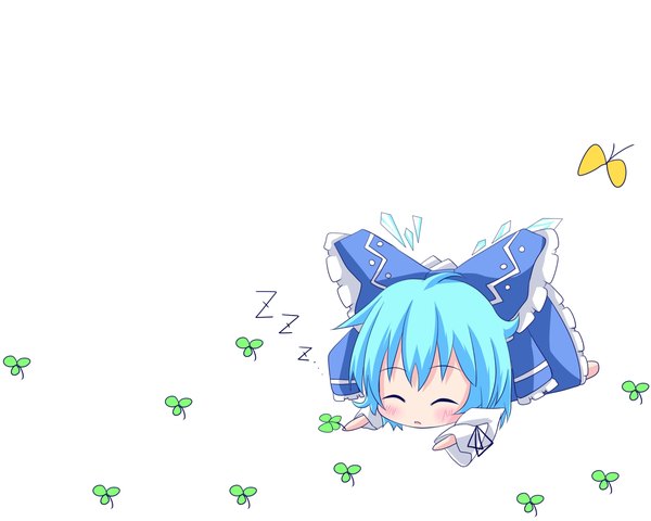 Anime picture 1280x1024 with touhou cirno blush blue hair sleeping miko chibi girl bow hair bow detached sleeves insect butterfly clover (plant)