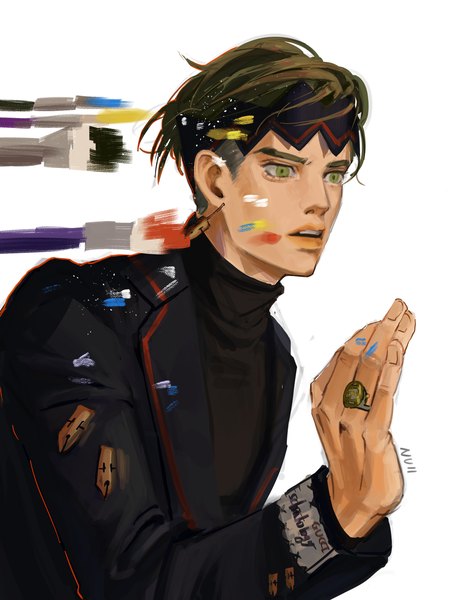 Anime picture 2244x3000 with jojo no kimyou na bouken kishibe rohan null (skev7724) single tall image highres short hair simple background white background green eyes looking away upper body parted lips running dark hair boy hairband ring paintbrush paint