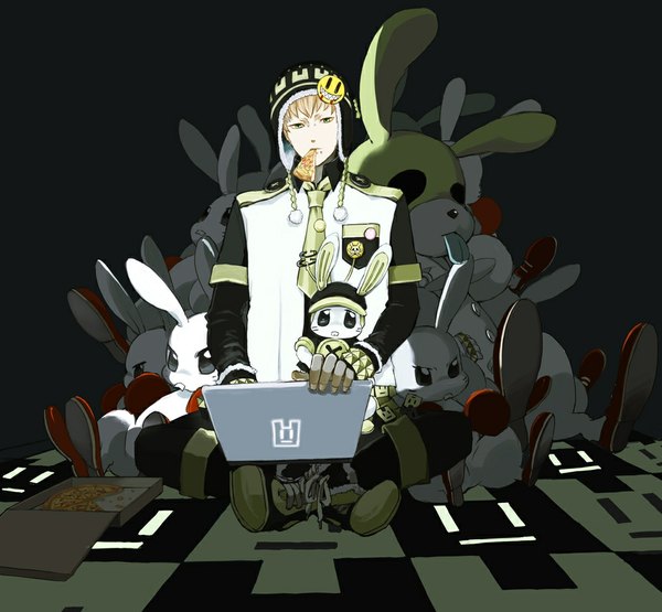 Anime picture 1000x925 with dramatical murder nitro+chiral noiz (dmmd) tagme (artist) single short hair blonde hair green eyes piercing eating necktie hood toy stuffed animal cap bunny laptop pizza