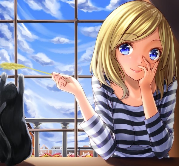 Anime picture 1077x1000 with original unowen long hair blue eyes blonde hair smile cloud (clouds) girl window cat