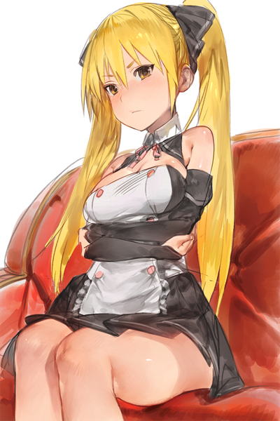 Anime picture 668x1000 with dream c club mian (dream c club) aos single long hair tall image blush breasts light erotic blonde hair large breasts white background sitting twintails brown eyes looking away maid legs crossed arms frown