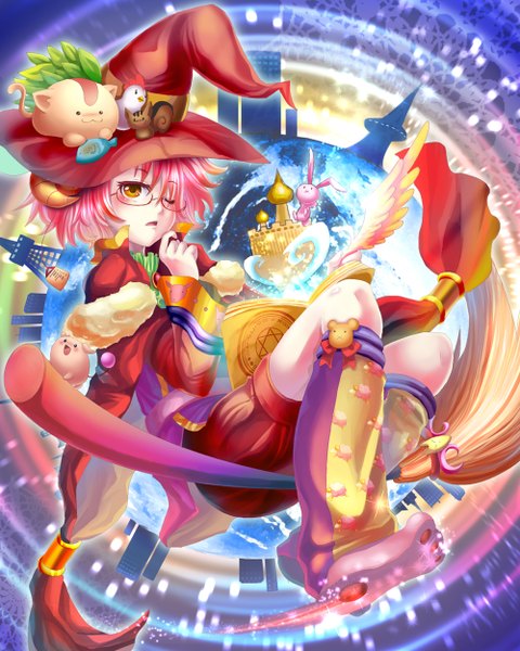 Anime picture 1000x1250 with original pixiv fantasia pixiv fantasia new world seinerr single tall image short hair pink hair one eye closed horn (horns) wink orange eyes witch girl glasses boots book (books) witch hat broom