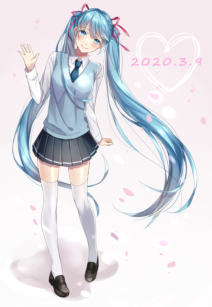 Anime picture 1250x1800 with vocaloid hatsune miku chan bra555 single tall image looking at viewer blush blue eyes smile twintails blue hair full body very long hair head tilt pleated skirt zettai ryouiki dated waving 39 girl
