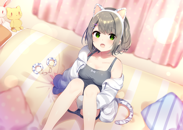 Anime picture 1720x1228 with original mafuyu (chibi21) single looking at viewer blush fringe highres short hair breasts open mouth light erotic smile sitting green eyes animal ears indoors tail animal tail grey hair cat ears