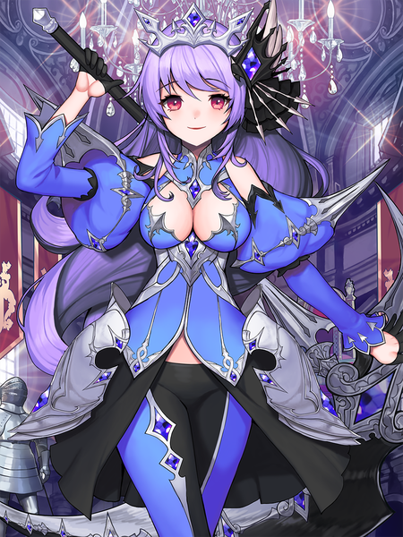 Anime picture 960x1280 with original kyundoo long hair tall image looking at viewer fringe breasts light erotic smile hair between eyes red eyes standing holding payot cleavage purple hair indoors sparkle puffy sleeves solo focus