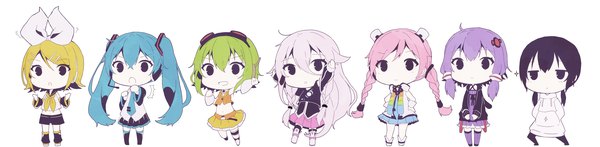 Anime picture 5566x1366 with vocaloid voiceroid hatsune miku kagamine rin tagme (character) gumi ia (vocaloid) yuzuki yukari kaai yuki rana (vocaloid) kaneko aaru fringe highres short hair black hair simple background blonde hair hair between eyes wide image white background