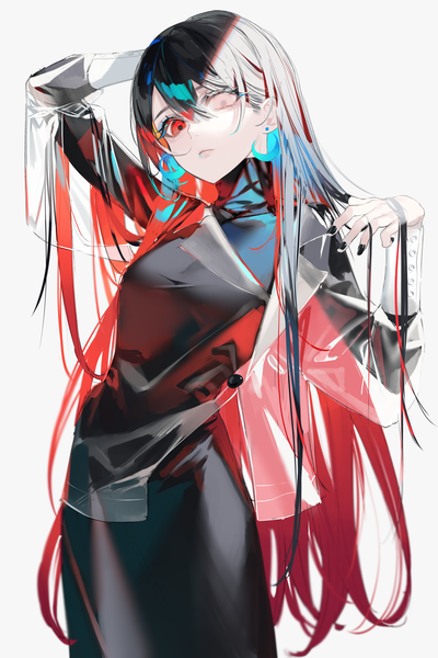 Anime picture 2056x3085 with original zumi (neronero126) single long hair tall image looking at viewer fringe highres black hair simple background hair between eyes white background red hair nail polish multicolored hair heterochromia colored inner hair girl dress black dress
