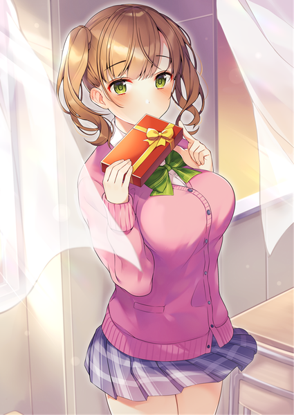 Anime picture 850x1200 with original ringozaka mariko single tall image blush short hair brown hair standing twintails green eyes indoors wind short twintails covered mouth valentine girl uniform school uniform gift cardigan