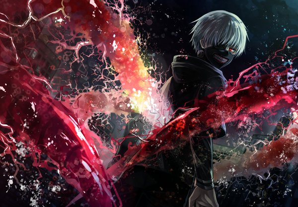 Anime picture 1540x1073 with tokyo ghoul studio pierrot kaneki ken angel31424 single fringe short hair red eyes looking away looking back grey hair back glow boy hood mask zipper kagune