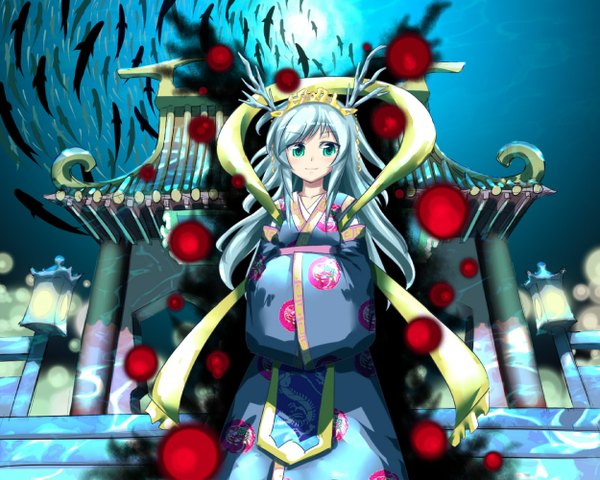 Anime picture 1250x1000 with original sashiromiya sasha aomi mayoru single long hair looking at viewer blush blue eyes blue hair traditional clothes japanese clothes horn (horns) underwater girl hair ornament animal fish (fishes) shawl