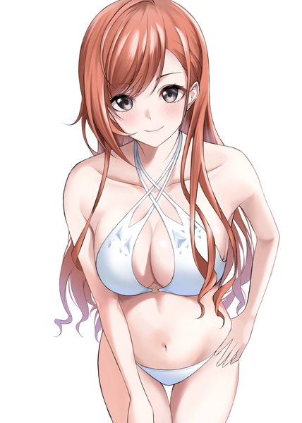 Anime picture 2335x3271 with idolmaster idolmaster shiny colors arisugawa natsuha ta 02ss single long hair tall image looking at viewer blush fringe highres breasts light erotic simple background smile brown hair large breasts standing white background black eyes