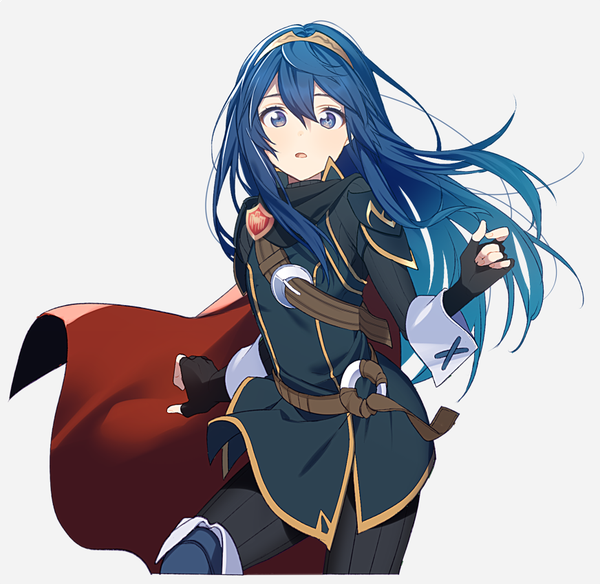Anime picture 872x850 with fire emblem fire emblem awakening nintendo lucina (fire emblem) ryon (artist) single long hair looking at viewer fringe open mouth blue eyes simple background hair between eyes standing white background blue hair floating hair cute girl gloves