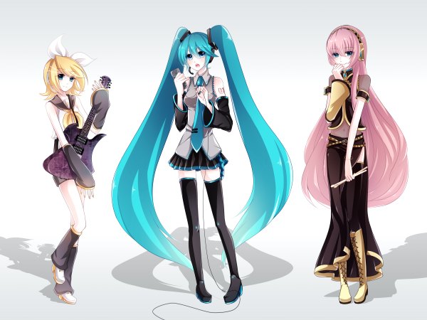 Anime picture 2400x1800 with vocaloid hatsune miku megurine luka kagamine rin fukufuku (artist) long hair highres short hair open mouth blue eyes blonde hair white background twintails multiple girls pink hair aqua hair group girl detached sleeves necktie
