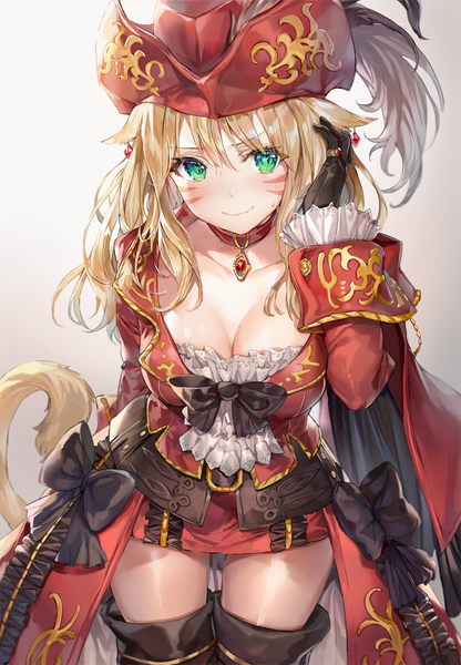 Anime picture 900x1298 with final fantasy final fantasy xiv square enix miqo'te red mage momoko (momopoco) single long hair tall image looking at viewer blush fringe breasts light erotic simple background blonde hair smile hair between eyes large breasts standing