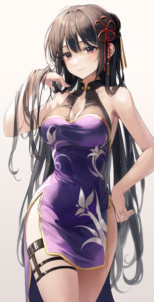 Anime picture 1608x3150 with original ekina (1217) single long hair tall image looking at viewer blush fringe breasts black hair simple background large breasts standing white background bare shoulders brown eyes braid (braids) traditional clothes arm up light smile