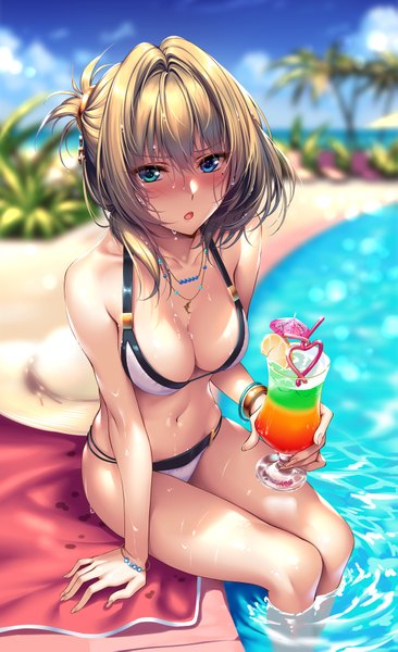 Anime picture 1119x1835 with idolmaster idolmaster cinderella girls takagaki kaede piromizu single tall image looking at viewer blush fringe short hair breasts open mouth blue eyes light erotic hair between eyes large breasts bare shoulders holding sky cleavage