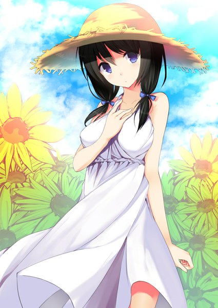 Anime picture 800x1130 with original iori (cpeilad) long hair tall image looking at viewer blue eyes black hair girl dress flower (flowers) bow hair bow hat sundress