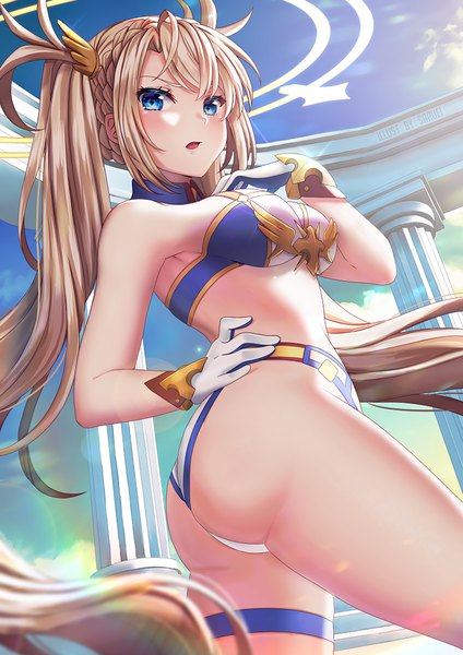 Anime picture 800x1132 with fate (series) fate/grand order bradamante (fate/grand order) saruei single long hair tall image looking at viewer blush fringe breasts open mouth blue eyes light erotic blonde hair hair between eyes standing twintails bare shoulders payot