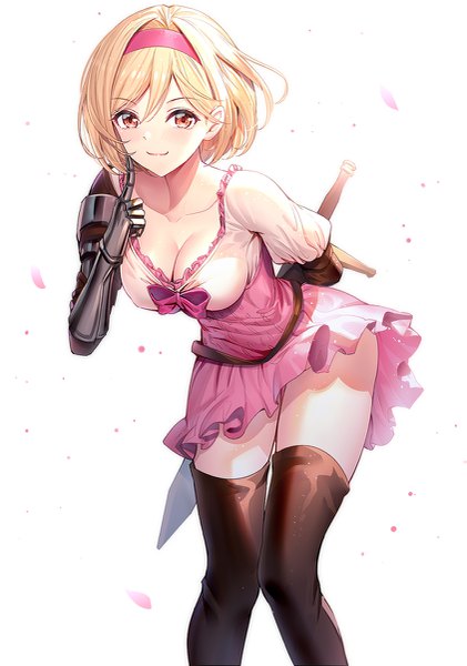 Anime picture 843x1200 with granblue fantasy gita (granblue fantasy) ririko (zhuoyandesailaer) single tall image looking at viewer blush fringe short hair breasts light erotic simple background blonde hair smile hair between eyes red eyes large breasts standing white background holding