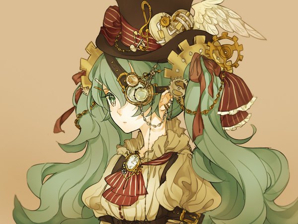 Anime picture 800x600 with vocaloid hatsune miku marchen noir single long hair fringe simple background hair between eyes twintails green eyes looking away green hair puffy sleeves piercing portrait ear piercing brown background treble clef steam punk girl
