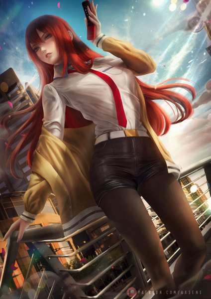 Anime picture 3532x5000 with steins;gate white fox makise kurisu axsen single long hair tall image blush fringe highres hair between eyes brown hair standing purple eyes holding signed looking away absurdres sky cloud (clouds)