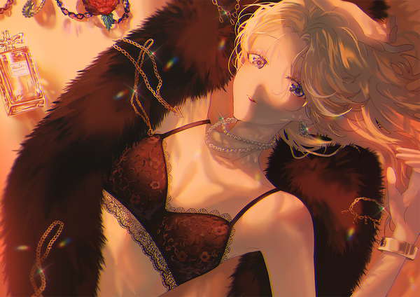 Anime picture 1169x827 with original p (pkochan) single long hair looking at viewer breasts blue eyes light erotic blonde hair upper body lying parted lips sparkle on back lens flare anaglyph lace-trimmed bra girl earrings bracelet