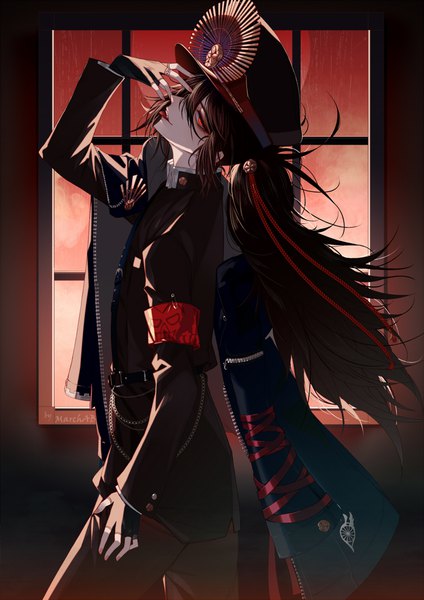 Anime-Bild 723x1023 mit fate (series) fate/grand order oda nobunaga (fate) (all) oda nobunaga (fate) marchab 66 single long hair tall image looking at viewer fringe hair between eyes red eyes brown hair standing signed payot ponytail indoors long sleeves profile