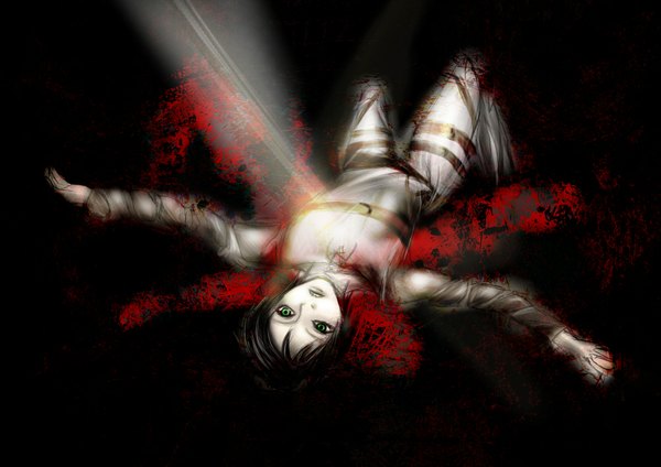 Anime picture 2000x1416 with shingeki no kyojin production i.g mikasa ackerman single fringe highres short hair black hair green eyes lying lips on back light dark background pale skin girl