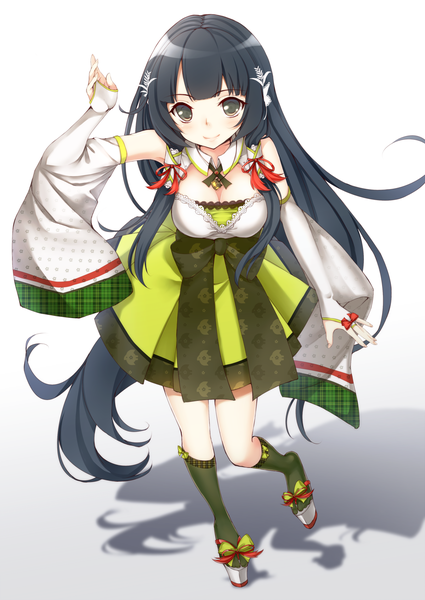 Anime picture 1200x1694 with kantai collection mizuho seaplane tender dabadhi single tall image looking at viewer blush fringe black hair simple background standing cleavage very long hair light smile from above shadow grey eyes gradient background standing on one leg girl