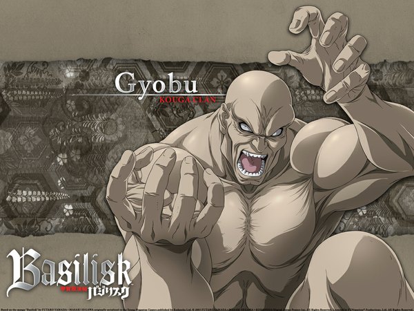 Anime picture 1024x768 with basilisk kasumi gyoubu single open mouth signed inscription teeth fang (fangs) topless muscle bald boy