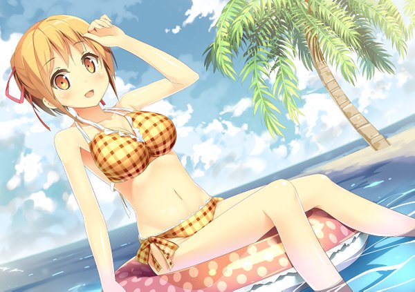 Anime picture 1227x867 with original hatsuki kaname single looking at viewer blush short hair open mouth light erotic blonde hair yellow eyes sky cloud (clouds) girl swimsuit plant (plants) bikini tree (trees) sea palm tree swim ring