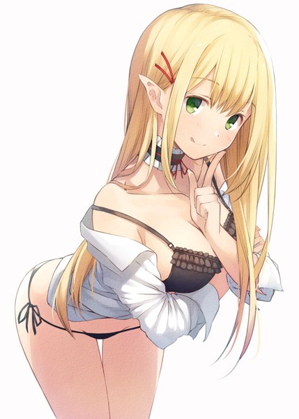 Anime picture 740x1035 with original leyte single long hair tall image looking at viewer blush fringe breasts light erotic simple background blonde hair large breasts standing white background bare shoulders green eyes payot head tilt pointy ears