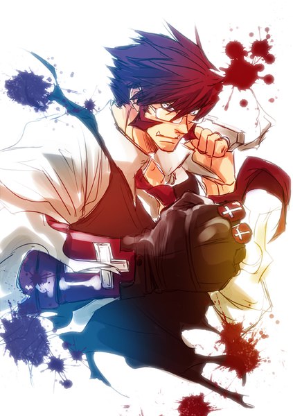 Anime picture 595x842 with kekkai sensen studio bones klaus von reinhertz ishida kaname single tall image short hair white background looking away upper body red hair fang (fangs) fighting stance sidewhiskers boy shirt glasses white shirt blood fist