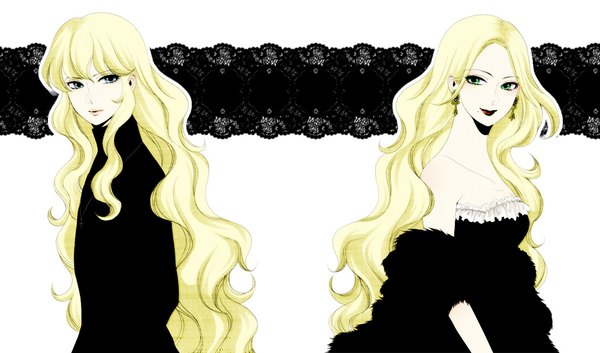Anime picture 1050x618 with original memessa long hair blue eyes simple background blonde hair wide image white background green eyes very long hair lips mole back to back girl dress boy earrings sweater boa